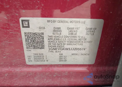 2018 Chevrolet Traverse 1Lt z USA, uszkodzony, nr VIN 1GNEVGKW3JJ205574